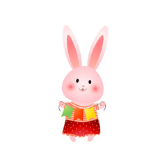 Cute pink easter bunny with three colored flags in hands isolated on white background