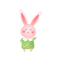 Cute pink easter bunny waving hand isolated on white background