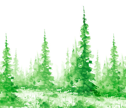 Watercolor banner, logo, postcard. green silhouette of the forest, pine, spruce, cedar. Watercolor landscape, black splash of paint, abstract spots, beautiful drawing. Countryside landscape, foggy © helgafo