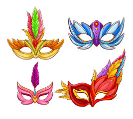 Vector bright Venetian face masks with feathers. Decorative element for traditional Mardi Gras carnivals, holiday masquerade, costumed party. Dressing part illustration. Mystery, secret concept.