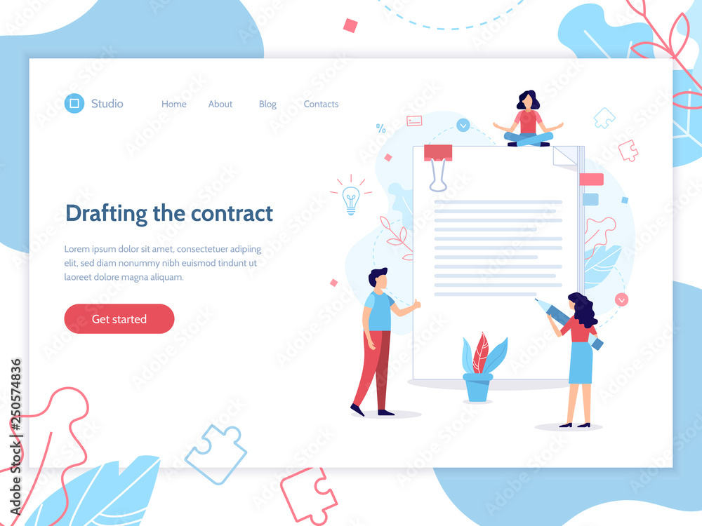 Poster drafting the contract. people draw up a document. web page design template.