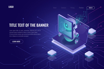 Smart smm concept isometric, setting of digital advertising parameters, robotic with laptop and graphics chart, screen with data, web page template