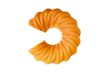 Delicious vanilla ring cake on white background.