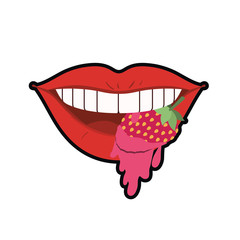 female mouth dripping with strawberry fruit