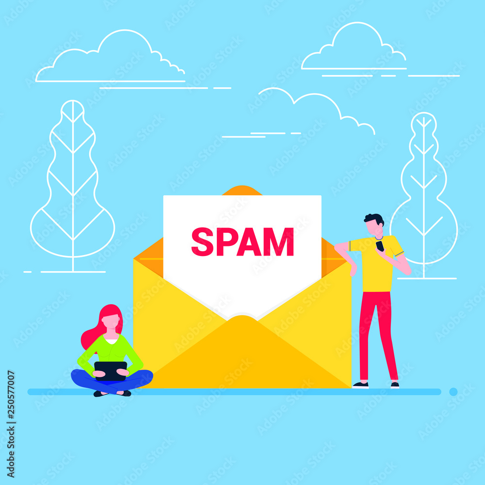 Poster people read new spam message concept flat style design vector illustration. open envelope with text 