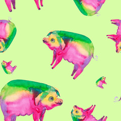 Abstract watercolor illustration of a multicolored pig. Isolated on green background. Seamless pattern