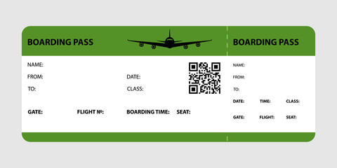 Green boarding pass isolated on a gray background. Vector illustration.