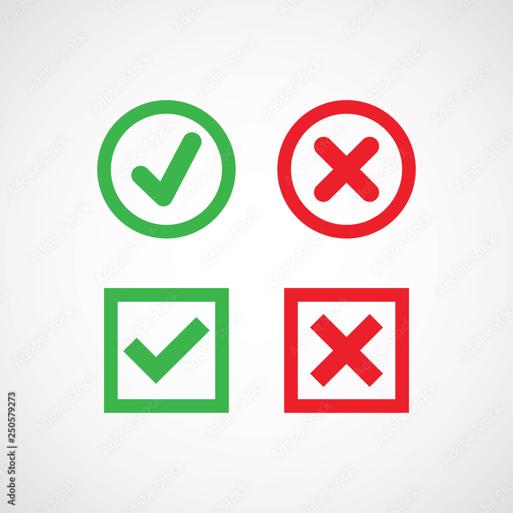 Poster tick and cross signs. green checkmark ok and red x icons, simple marks graphic design. symbols yes a