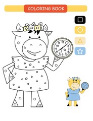 Coloring book for kids. Black and white cute cartoon cow. Vector illustration.