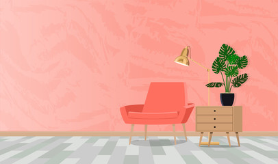 Room in coral tones with a composition of a chair with a lamp and a flower. Vector flat illustration.