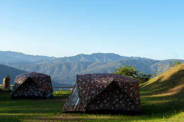 Fototapeta na wymiar tent in the camp on the hill.