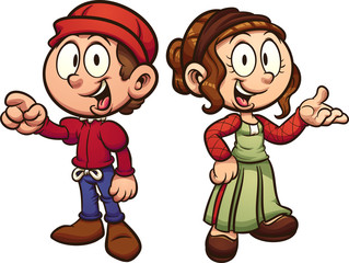 Cartoon medieval boy and girl clip art. Vector illustration with simple gradients. Each on a separate layer. 