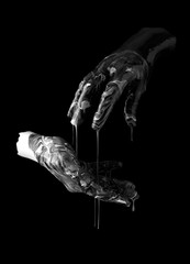 concept image of two hands covered in black and white paint touching - 250580226