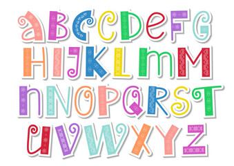 Decorative colorful latin alphabet with swirls and ornament in paper cut style on white