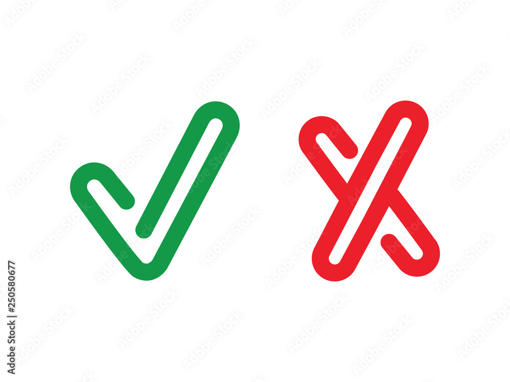 Poster tick and cross signs. green checkmark ok and red x icons, simple marks graphic design. symbols yes a