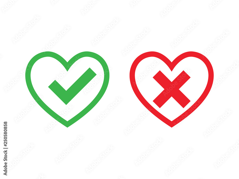 Poster tick and cross signs in heart. green checkmark ok and red x icons, simple marks graphic design. symb