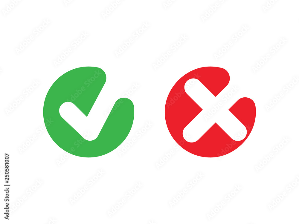 Poster tick and cross signs. green checkmark ok and red x icons, simple marks graphic design. symbols yes a
