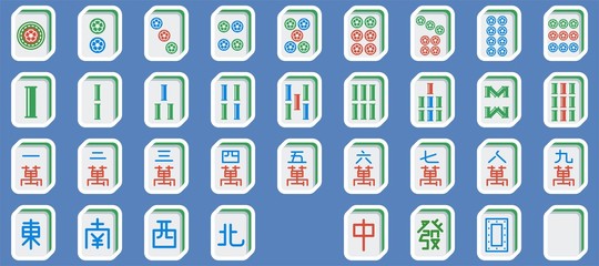 mahjong tiles set, vector illustration flat design - obrazy, fototapety, plakaty
