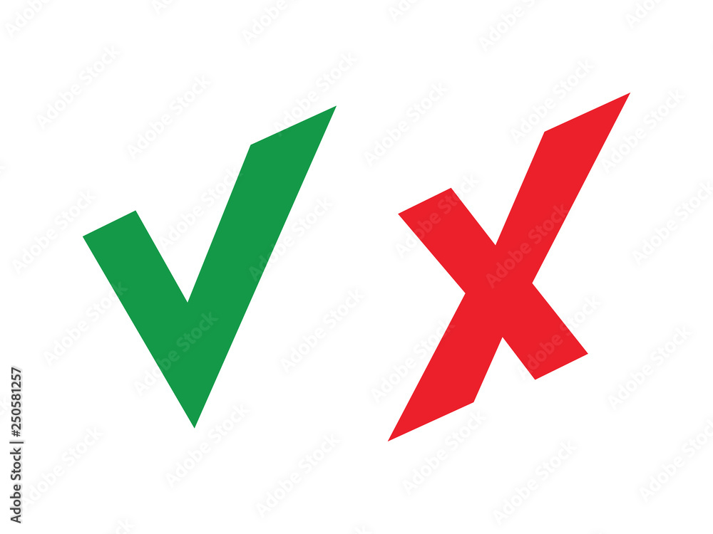 Poster tick and cross signs. green checkmark ok and red x icons, simple marks graphic design. symbols yes a