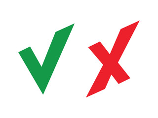 Tick and cross signs. Green checkmark OK and red X icons, Simple marks graphic design. Symbols YES and NO button for vote, Check box list icons. Check marks vector.