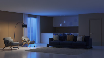Modern house interior. Night. Evening lighting. 3D rendering.