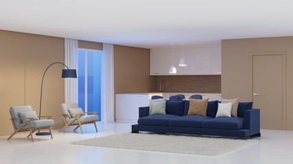 Modern house interior. Night. Evening lighting. 3D rendering.