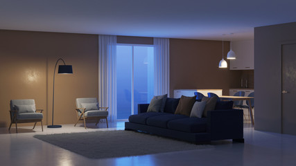 Modern house interior. Night. Evening lighting. 3D rendering.