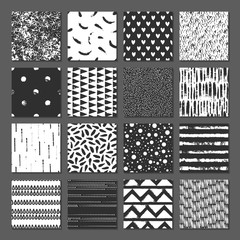 Set of 16 seamless pattern. Drops, points, lines, stripes, circles, squares, rectangles. Abstract forms drawn a wide pen and ink. Backgrounds in black and white. Hand drawn. Vector illustration.