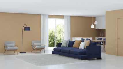 Modern house interior. Warm color in the interior. 3D rendering.