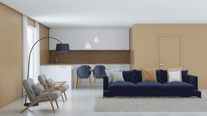 Modern house interior. Warm color in the interior. 3D rendering.