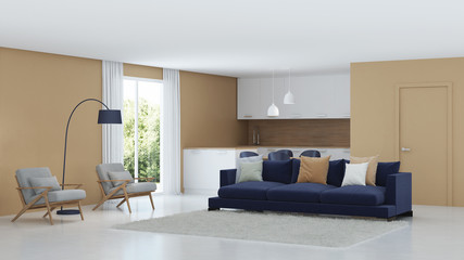 Modern house interior. Warm color in the interior. 3D rendering.