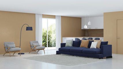 Modern house interior. Warm color in the interior. 3D rendering.