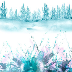 Watercolor landscape, picture. Picture of a pine forest, a blue silhouette of trees and bushes on a white isolated background.