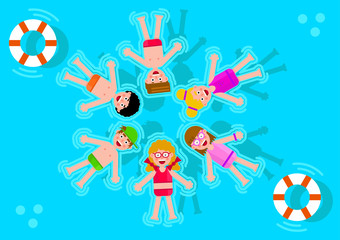 Pool party characters. Boys and girls wearing swimming suits. Top view vector of kids floating in the pool, flat design vector illustration