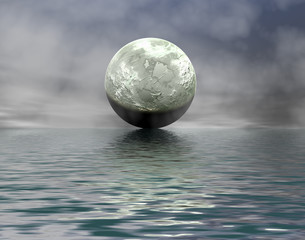 illustration of moon with reflection on water with fog background