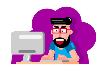 A hipster man with the beard studying sitting in front of computer and writing something on the black keyboard, flat design vector illustration isolated on white background