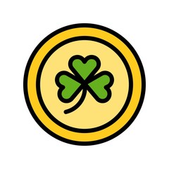 Coin with clover sign vector, Feast of Saint Patrick filled icon editable outline