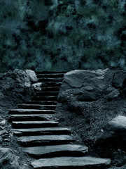 dark scary stone stairs background with stars in sky