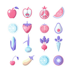 Healthy food colored flat icon set. Fruits and vegetables in one set, colored flat fresh healthy food icons, vector illustration. Healthy food Icon Set isolated on white background with neon colors