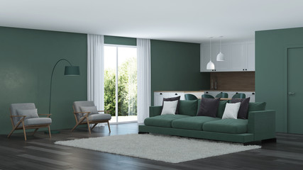 Modern house interior. Green color in the interior. 3D rendering.