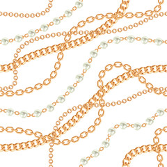 Seamless pattern background with pears and chains golden metallic necklace. On white. Vector illustration