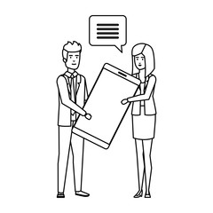 business couple speaking lifting smartphone