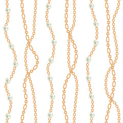 Seamless pattern background with pears and chains golden metallic necklace. On white. Vector illustration