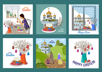 Happy Easter. Set of templates for cards and banners with cartoon flat cute easters story and elements Vector