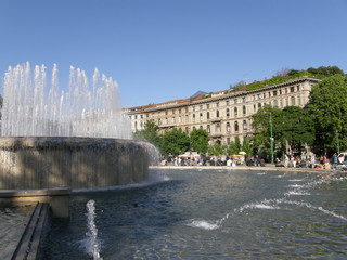 Fountain in front of Castello Sforzesco in Milan, Italy