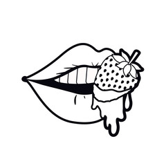 female mouth dripping with strawberry fruit