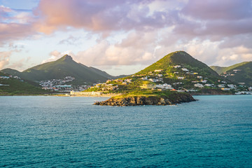Philipsburg, St Maarten. Sea and mountain landscape at sunset.
