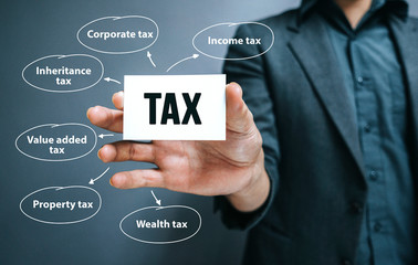 Businessman showing concept of taxes paid by individuals or corporations. Grain effect.