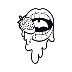 female mouth dripping with strawberry fruit