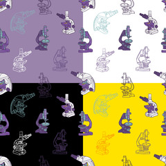 Set of color hand drawn seamless vector pattern with Microscope icon Science elements. Wallpaper for girls, boys, clothes. Creative background for textile and fabric. Fashion style
